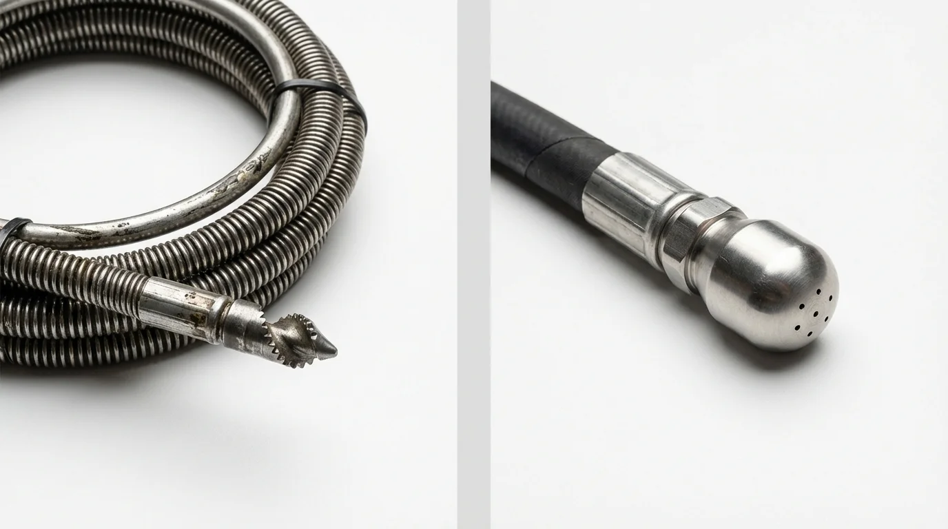 Drain snake cable and hydro jetting nozzle used for drain cleaning in Denver, PA