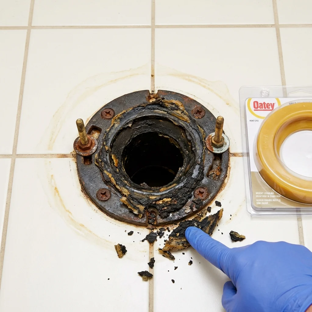Failed wax ring showing water seepage at the base of a toilet in a Denver, PA home