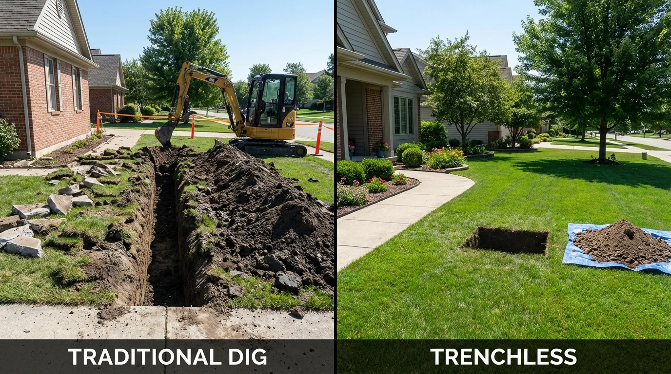 Trenchless sewer repair with minimal yard damage versus traditional excavation in Denver, PA