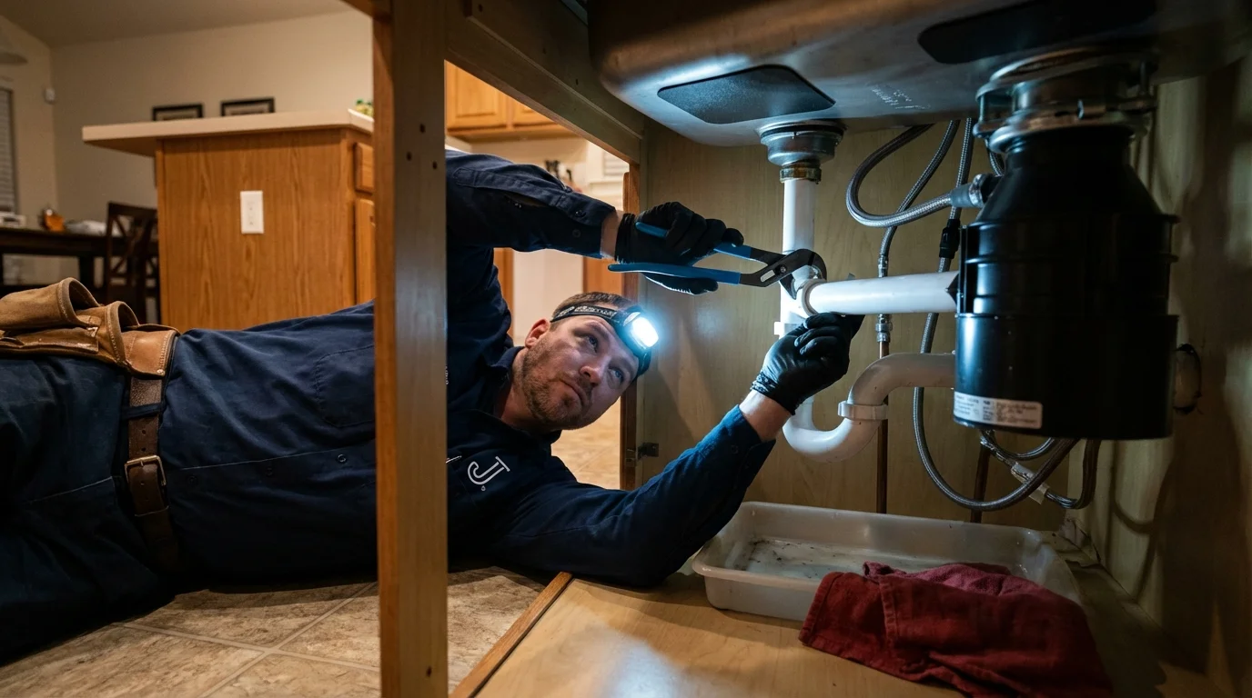 P-trap and supply line connections under a kitchen sink showing a common leak point in Denver, PA